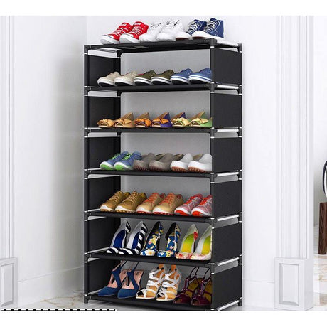 7 Tier Shoe Rack Metal Steel & Non Woven Storage Rack in Black and Grey