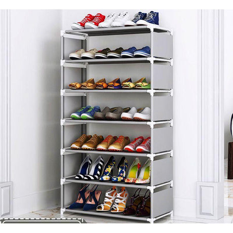 7 Tier Shoe Rack Metal Steel & Non Woven Storage Rack in Black and Grey