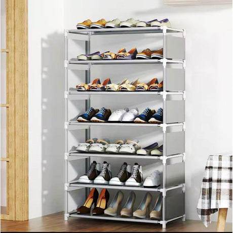 7 Tier Shoe Rack Metal Steel & Non Woven Storage Rack in Black and Grey