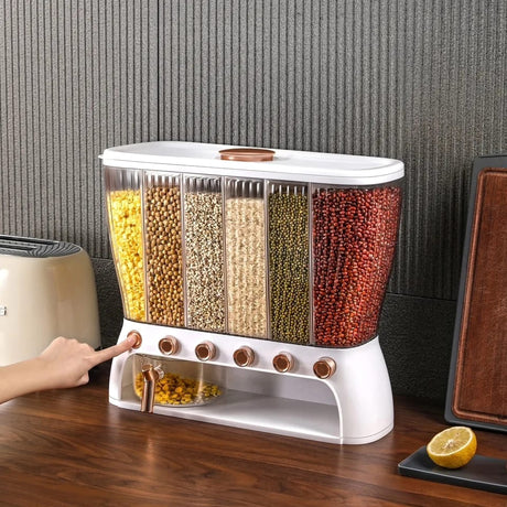 6 Grid Compartments Plastic Transparent Automatic Cereal Dispenser | Kitchen Cereals Storage Container- Furaha Finds Kenya