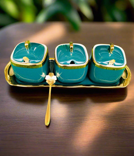 Furaha Finds Luxurious Sugar and Spice Dish Set. Includes 3 elegant jars, 3 gold tea spoons, and a tray. Perfect for stylish storage and serving