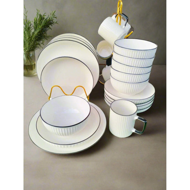 24-Piece Concise White Dinner Set with Black Rim – Elegant &amp; Minimalist Design
