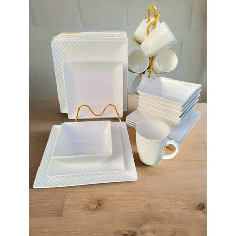 24-Piece White Plain Square Dinner Set – Minimalist &amp; Modern Tableware- Furaha Finds Kenya