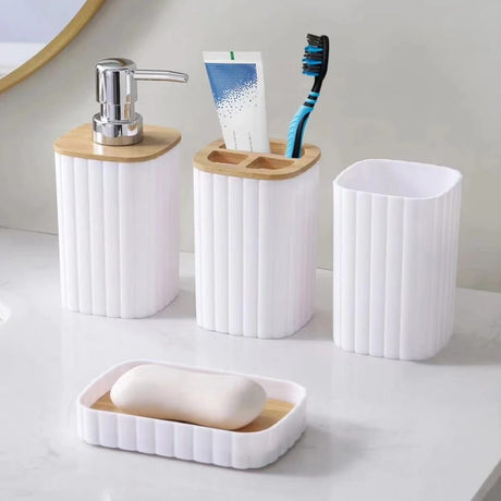 6pcs EcoFriendly Plastic Bamboo Bathroom Accessories Set Soap Dispenser, Toothbrush Holder Kit
