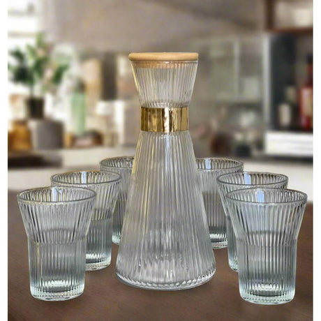 7 Piece Clear Borosilicate Ribbed Flute Shaped Carafe Glass Set | 1 Carafe & 6 Glasses- Furaha Finds Kenya