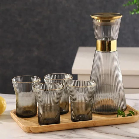 7 Piece Clear Borosilicate Ribbed Flute Shaped Carafe Glass Set | 1 Carafe & 6 Glasses- Furaha Finds Kenya