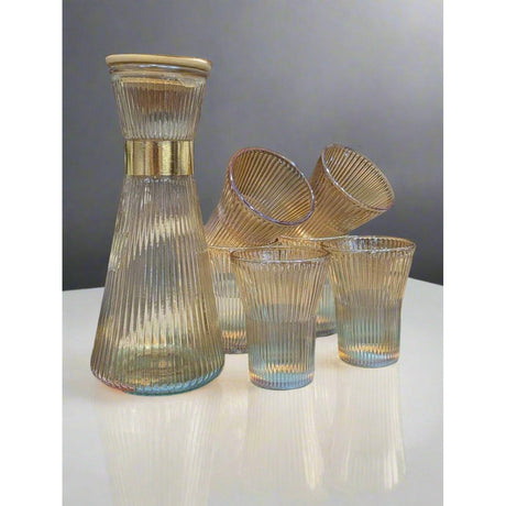 7 Piece Gold Borosilicate Ribbed Flute Shaped Carafe Glass Set | 1 Carafe & 6 Glasses- Furaha Finds Kenya