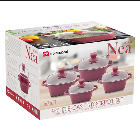 SQ Professional Nea Rossa 4 Piece Die Cast Stock Pot Set | Marble Effect Coating, Vortex Base Cookware | Sizes: 20cm, 24cm, 28cm, 32cm- Furaha Finds Kenya