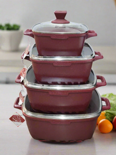 SQ Professional Nea Rossa 4 Piece Die Cast Stock Pot Set | Marble Effect Coating, Vortex Base Cookware | Sizes: 20cm, 24cm, 28cm, 32cm- Furaha Finds Kenya