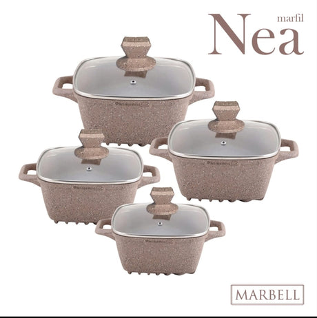 SQ Professional Nea Marfil 4 Piece Die Cast Stock Pot Set | Marble Effect Coating, Vortex Base Cookware | Sizes: 20cm, 24cm, 28cm, 32cm- Furaha Finds Kenya