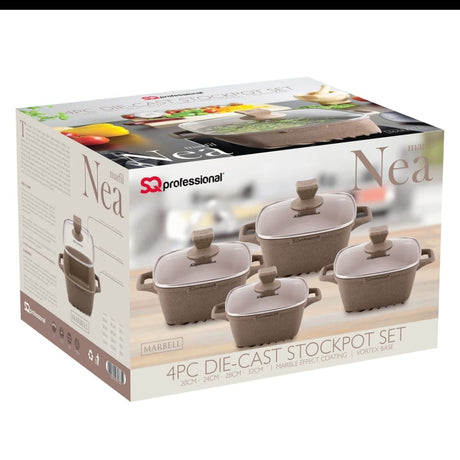 SQ Professional Nea Marfil 4 Piece Die Cast Stock Pot Set | Marble Effect Coating, Vortex Base Cookware | Sizes: 20cm, 24cm, 28cm, 32cm- Furaha Finds Kenya