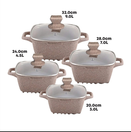 SQ Professional Nea Marfil 4 Piece Die Cast Stock Pot Set | Marble Effect Coating, Vortex Base Cookware | Sizes: 20cm, 24cm, 28cm, 32cm- Furaha Finds Kenya