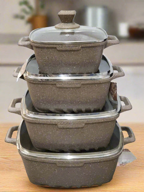 SQ Professional Nea Marfil 4 Piece Die Cast Stock Pot Set | Marble Effect Coating, Vortex Base Cookware | Sizes: 20cm, 24cm, 28cm, 32cm- Furaha Finds Kenya