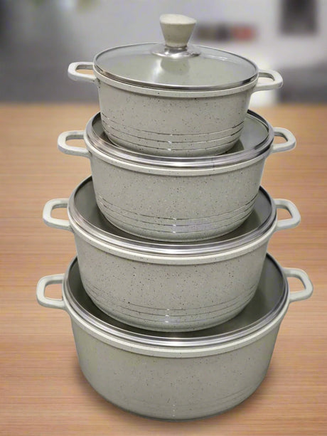 SQ Professional Laria 4 Piece Die Cast Stock Pot Set | Cream and Grey | Sizes: 20cm, 24cm, 28cm, 32cm- Furaha Finds Kenya