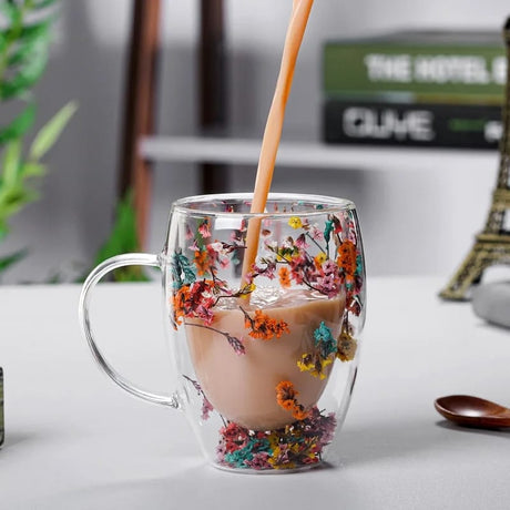 Flowered Double Walled Mug | 350ml Capacity | Coffee and Tea Cup with Handle | Ideal For Serving Coffee, Tea, Milk, & Other Hot Or Cold Beverages- Furaha Finds Kenya
