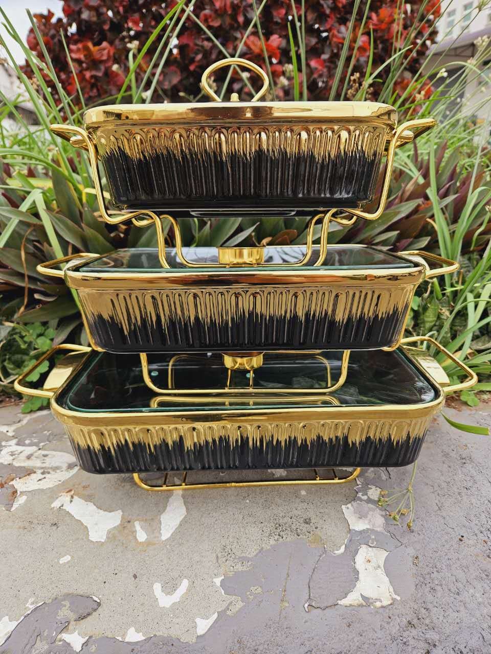 High Quality Premium 3 Piece Black Gold Ceramic Chafing Dish Set | Sizes: 3.8L, 2.8L, 1.8L