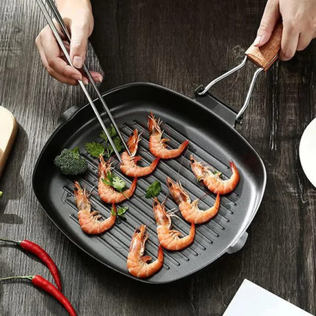Non Stick Square Steak Pan with Wooden Handle | 24*28cm Grilling & Cooking Pan- Furaha Finds Kenya