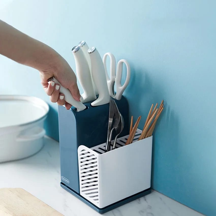 Furaha Finds Kitchen Cutlery Organizer &Tableware drainer PP+TPR material,available in blue and white,space saving cutlery storage with drainage design.
