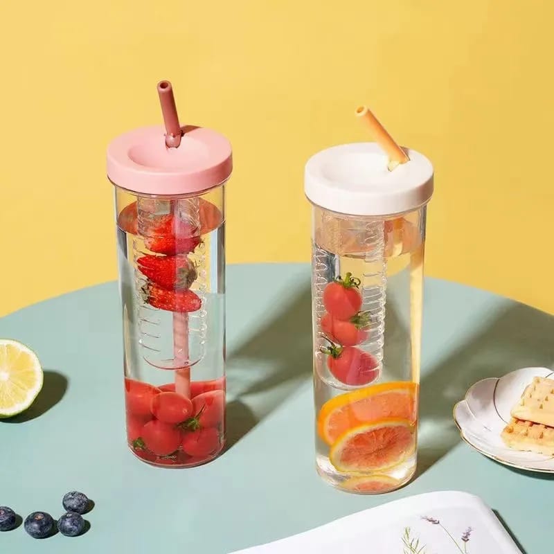 Cute 700ML Water Bottle with Foldable Straw | Portable Fruit Tea Infuser Cup | Built-in Filter for Outdoor & Office Use