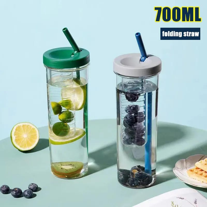 Cute 700ML Water Bottle with Foldable Straw | Portable Fruit Tea Infuser Cup | Built-in Filter for Outdoor & Office Use