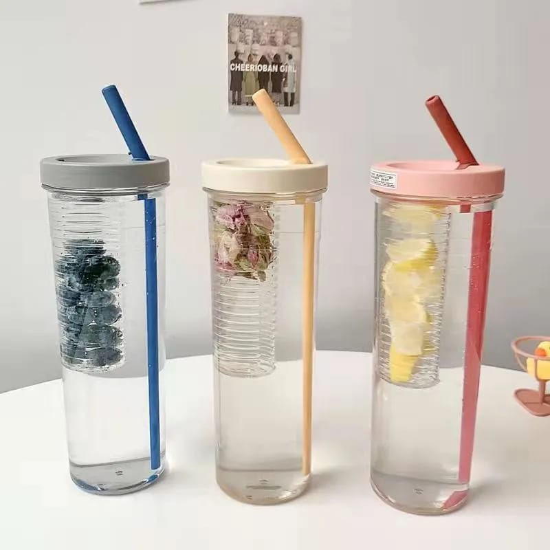 Cute 700ML Water Bottle with Foldable Straw | Portable Fruit Tea Infuser Cup | Built-in Filter for Outdoor & Office Use