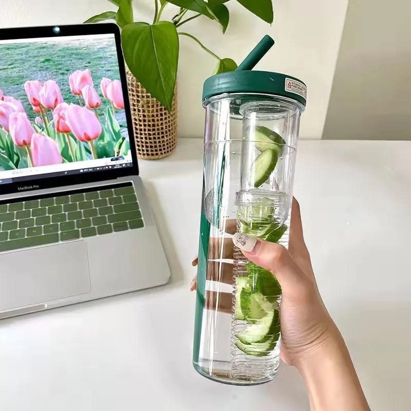 Cute 700ML Water Bottle with Foldable Straw | Portable Fruit Tea Infuser Cup | Built-in Filter for Outdoor & Office Use