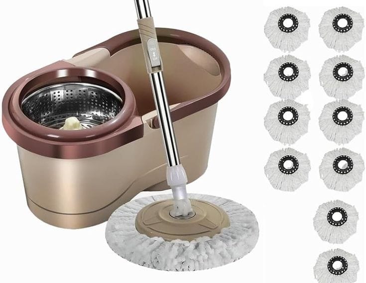 Furaha Finds Metallic Magic Spin Mop with 360° rotation for all floor types. Comes with a sturdy metallic handle and an extra mop head