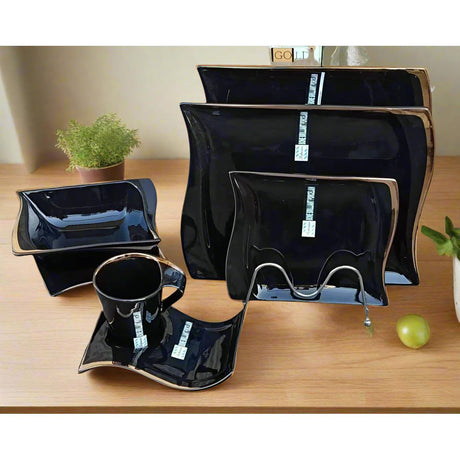 36-Piece Rectangular Shaped Dinner Set – Black with Elegant Gold Accents- Furaha Finds Kenya