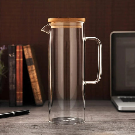Heat Resistant Glass Jug with Airtight Bamboo Lid | 1.2L Clear Glass Beverage Pitcher- Furaha Finds Kenya