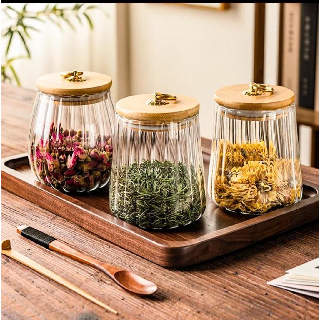 Transparent Glass Storage Containers with Bamboo Lid | 500ml Jars for Candy, Spices, and Tea Bags
