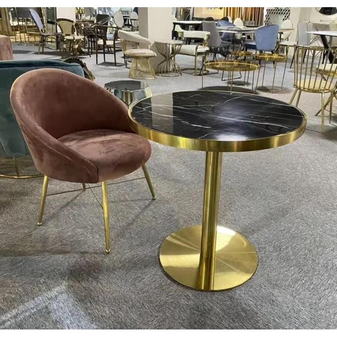 Bistro Hotel Restaurant Dining Coffee Table | Gold Stainless Steel & Black Marble Top Round Table