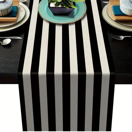 Geometric Stripe Linen Table Runner Modern Black & White Plaid Vintage Tablecloth