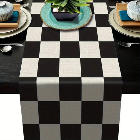 Geometric Stripe Linen Table Runner Modern Black & White Plaid Vintage Tablecloth