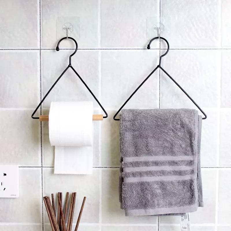 Multifunctional Nordic Geometric Design Wood & Iron Towel Storage Rack (Black)