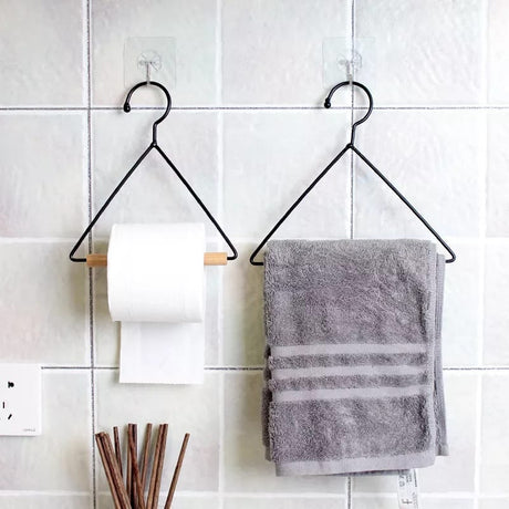 Multifunctional Nordic Geometric Design Wood & Iron Towel Storage Rack (Black)