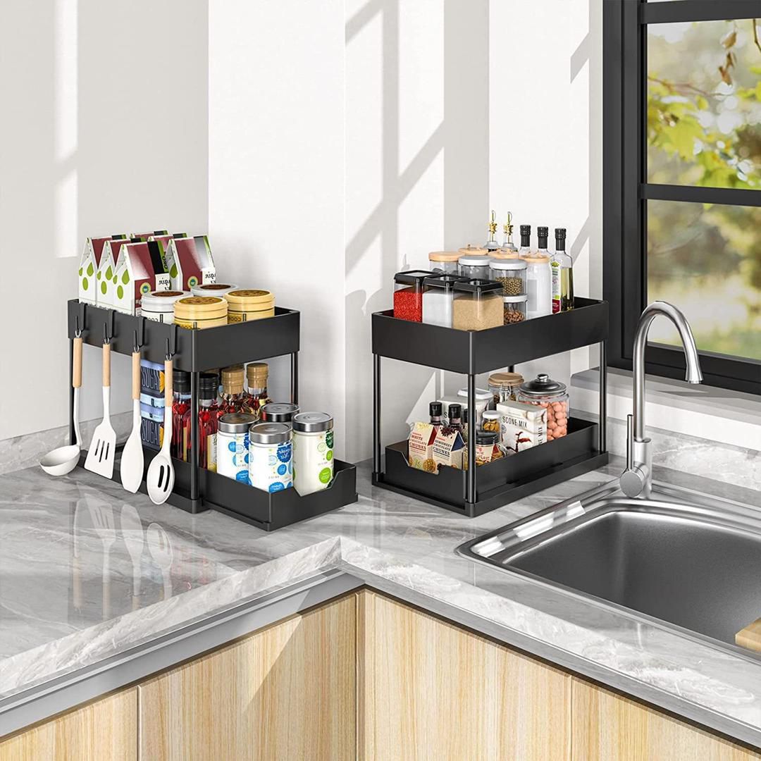 Furaha Finds Double Sliding Under Sink Organizer – 2-tier bathroom and kitchen storage solution for efficient space-saving organization.