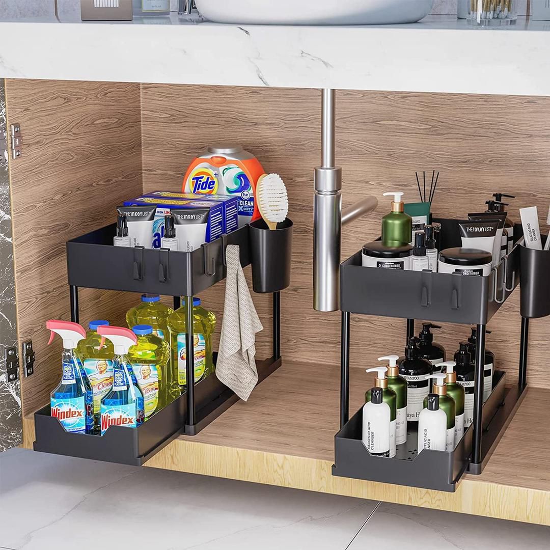 Furaha Finds Double Sliding Under Sink Organizer – 2-tier bathroom and kitchen storage solution for efficient space-saving organization.