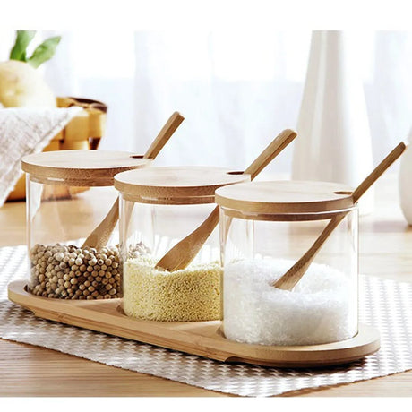 3 Piece Glass Spice Organizer Set with Bamboo Lids- Furaha Finds Kenya