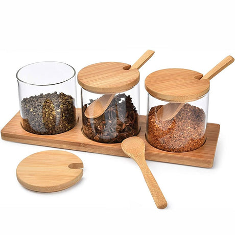 3 Piece Glass Spice Organizer Set with Bamboo Lids- Furaha Finds Kenya