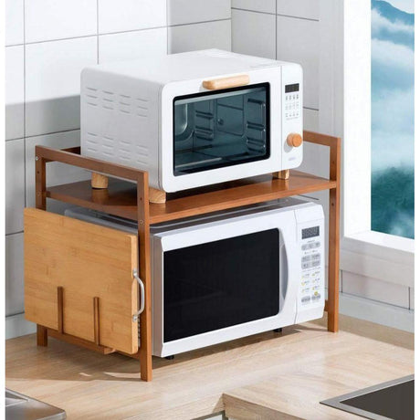 Wooden Multilayer Adjustable Microwave Stand Expandable Storage Shelf with Hooks & Chopping Board Holder