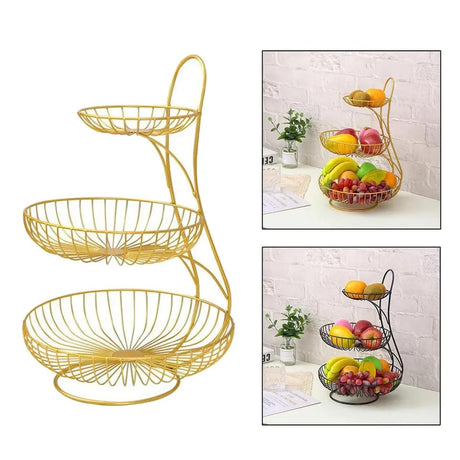 3 Tier Nordic Metallic Fruit and Vegetable Basket Rack | Carbon Steel Organizer in Black and Gold | 40x22x33cm- Furaha Finds Kenya