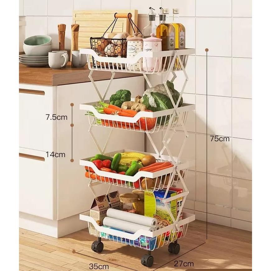 Foldable 4 Tier Storage Rack | Movable Multi-Layer Kitchen Vegetable/Fruit Shelf | Carbon Steel Rust-Proof Trolley | 35x25x75cm- Furaha Finds Kenya
