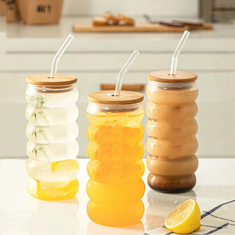 Borosilicate Ripple Wave Glass Cup with Bamboo Lid 500ml MultiPurpose Beverage Glass for Beer, Juice, Ice Coffee, and Cocktails- Furaha Finds Kenya