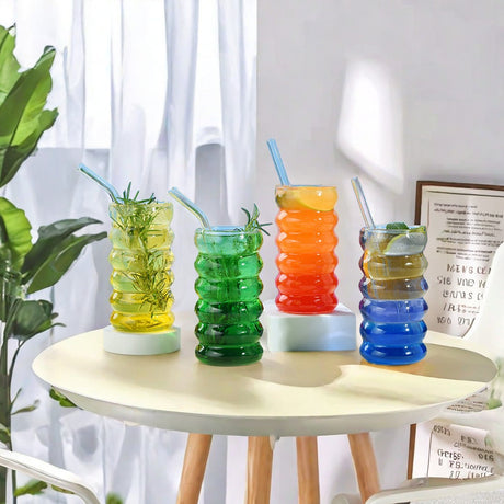 Borosilicate Ripple Wave Glass Cup with Bamboo Lid 500ml MultiPurpose Beverage Glass for Beer, Juice, Ice Coffee, and Cocktails- Furaha Finds Kenya