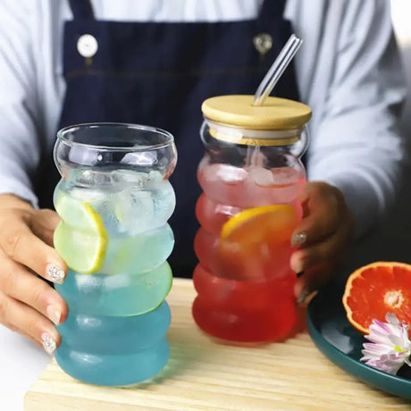 Borosilicate Ripple Wave Glass Cup with Bamboo Lid 500ml MultiPurpose Beverage Glass for Beer, Juice, Ice Coffee, and Cocktails- Furaha Finds Kenya