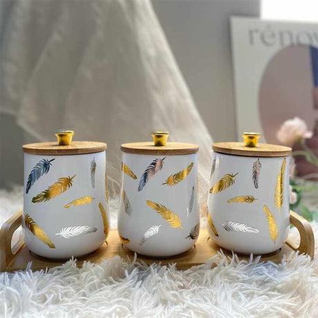 3pc Ceramic Sugar Dish Set with Bamboo Lids- Furaha Finds Kenya