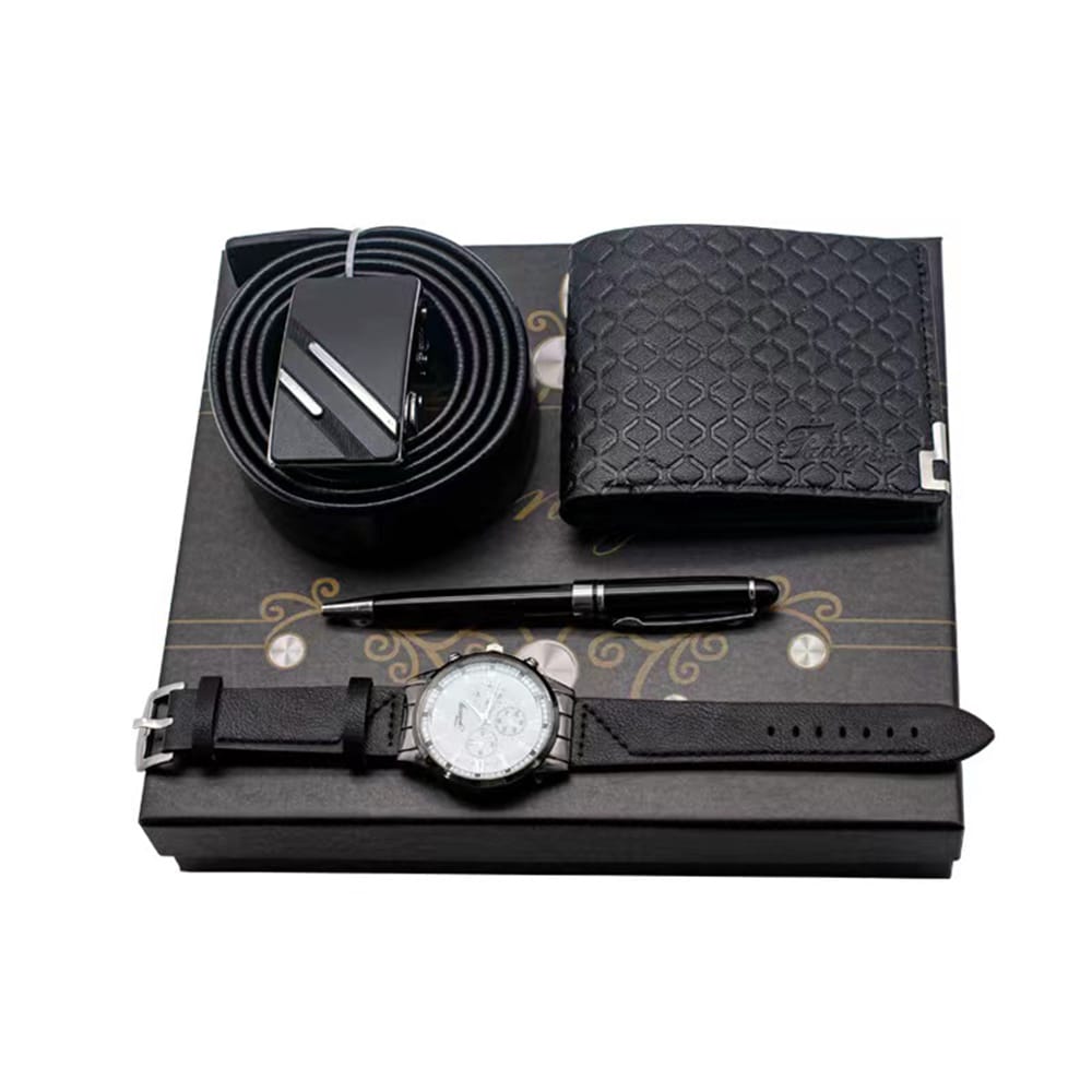 4Pcs fashion Mens Gift set Quartz wristwatch leatherbelt wallet & pen- Furaha Finds Kenya
