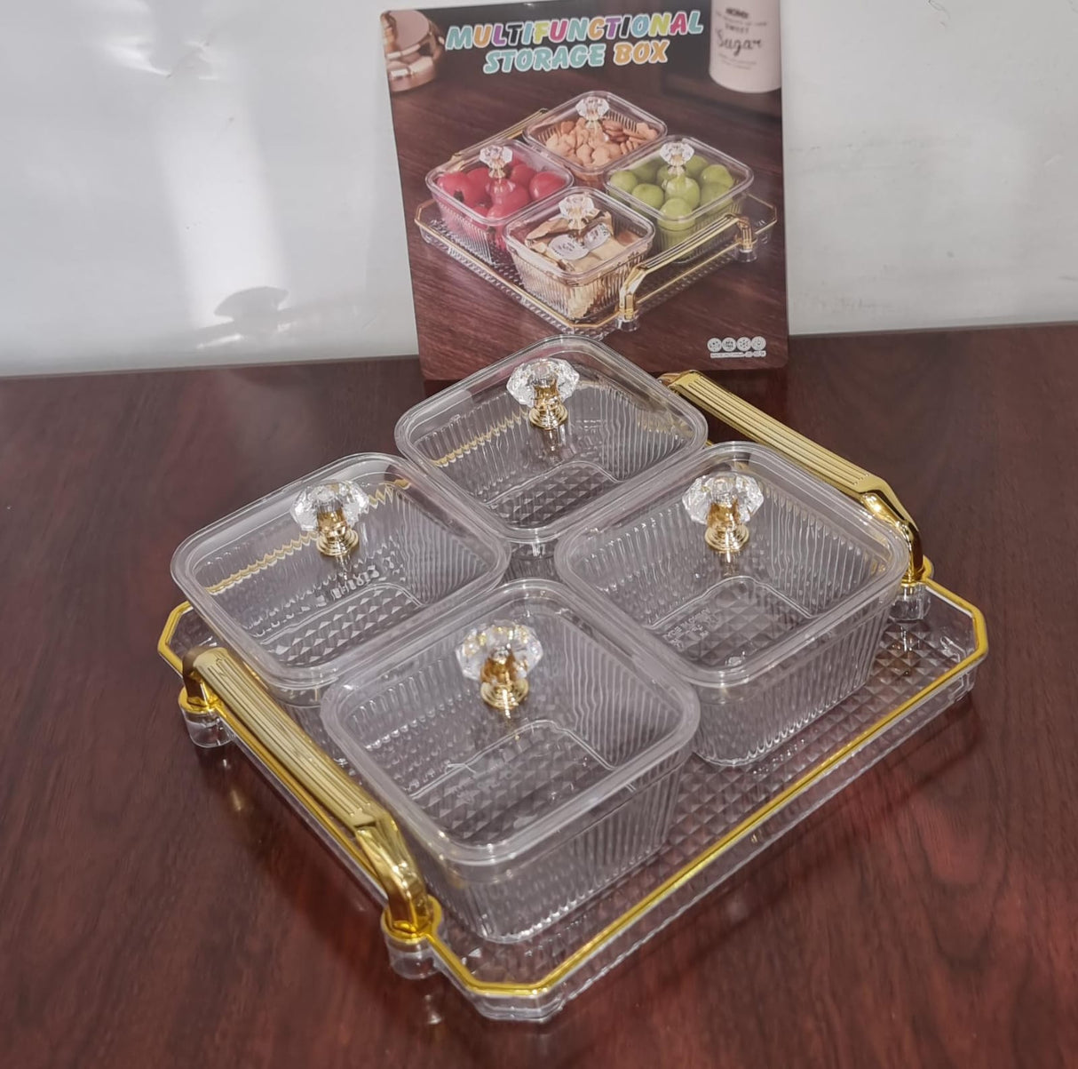 Acrylic Snack Serving Tray 22x22cm Tray with 4pcs 300ml Storage Boxes Clear 4 Grid.