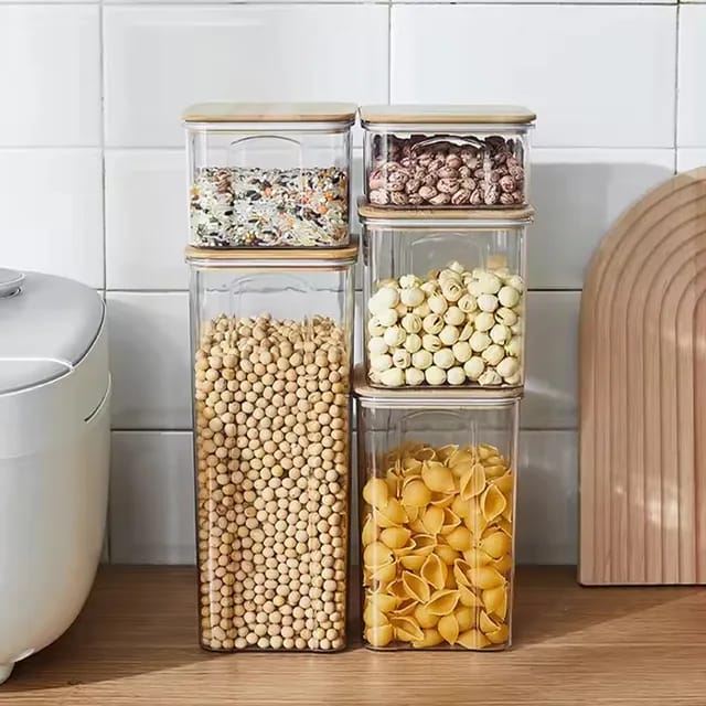 8pcs Airtight Transparent Acrylic Food Storage Containers with Bamboo Lids | Pantry Organizer Set for Cereal, Dry Food, Pasta, Snacks | Dishwasher Safe- Furaha Finds Kenya