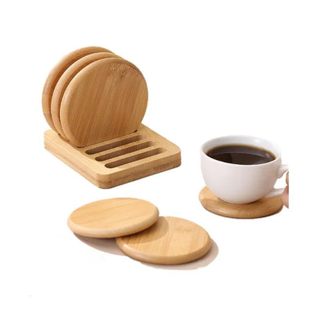 Furaha Finds Eco-Friendly Heavy Duty Bamboo Coasters  6pcs Set with Holder Rack